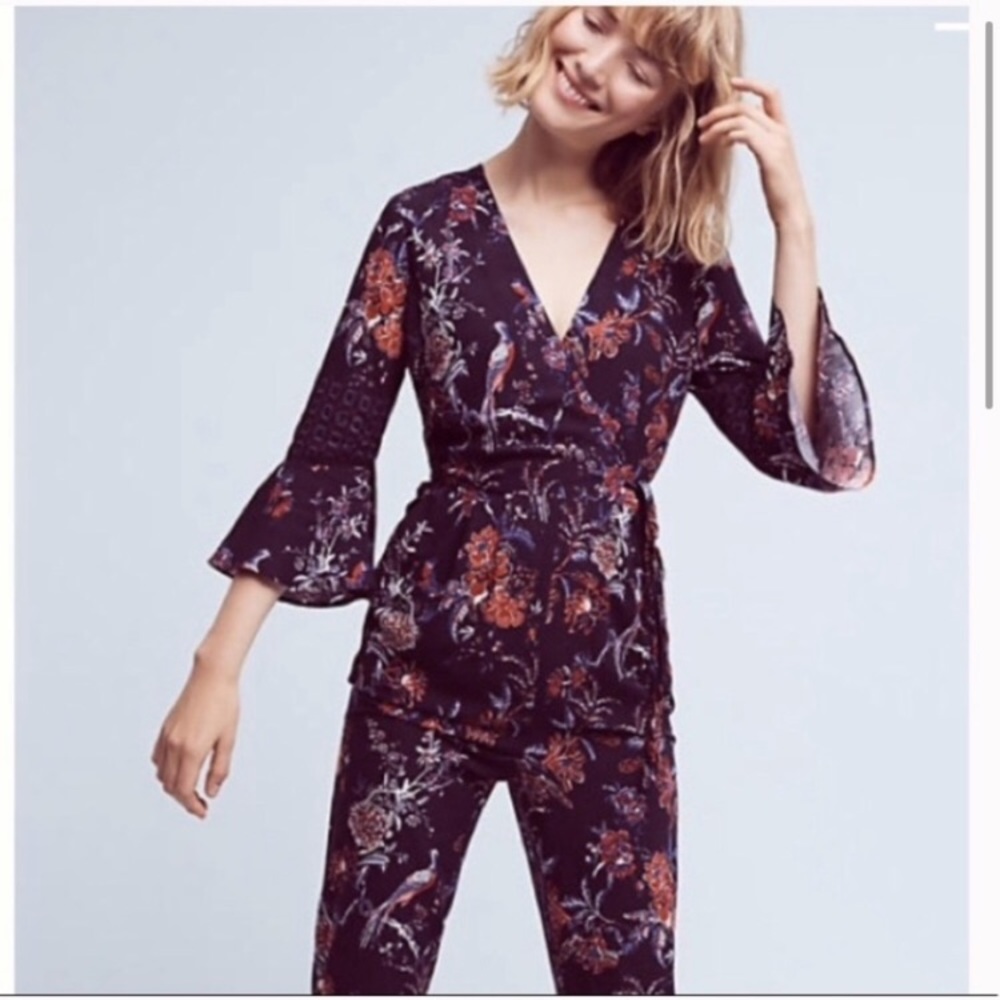 MAEVE Anthropologie Floral Bird Print Jumpsuit 2